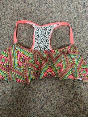 Rue21 Neon Coral & Multicolor Crochet-Back Bikini Top